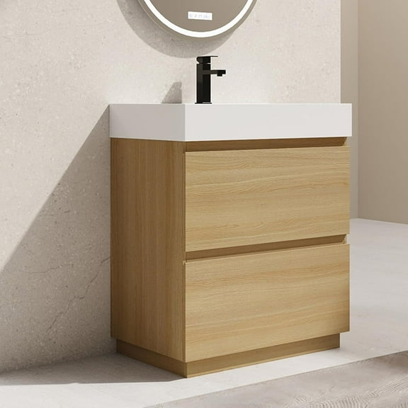 Modern 30" Bathroom Vanity with Sink Combo, Freestanding Bathroom Cabinet with Undermount Ceramic Sink, Small Bathroom Vanities, Bathroom Storage Vanity Set w/ 2 Drawers, Oak