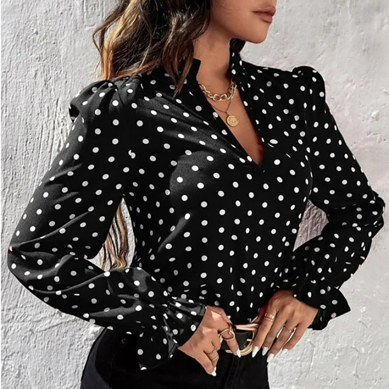  Polka Dots Black and White Women's Long Sleeve V Neck Tunic  Tops Casual Shirts Loose Fit Blouses Tees : Sports & Outdoors