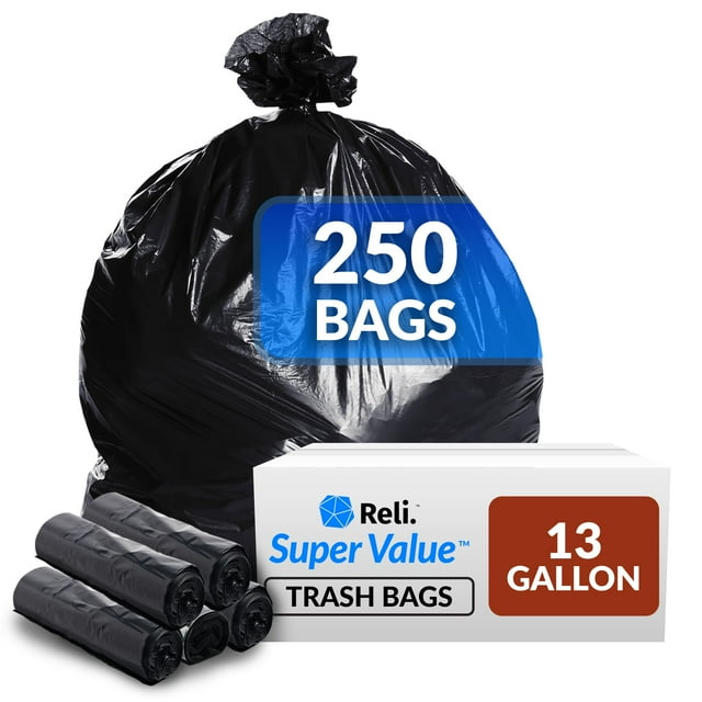 Reli. Bolsas De Basura De 13 Galones | 250 Bolsas | Bolsas De Basura Negras De 12 A 13 Galones | Bolsa De Basura De Cocina | Transatlántico