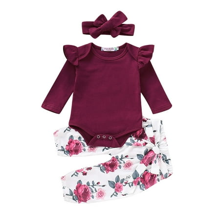 

Qtinghua 3Pcs Newborn Infant Baby Girl Clothes Ruffle Romper Jumpsuit Floral Pants Headband Fall Winter Outfits Red 6-12 Months