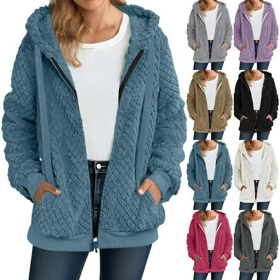 Womens Full Zip Up Fleece Jacket Hooded Oversized Jacquard Sherpa Hoodie Fuzzy Jackets Warm Teddy Coat Fall Winter Outerwear