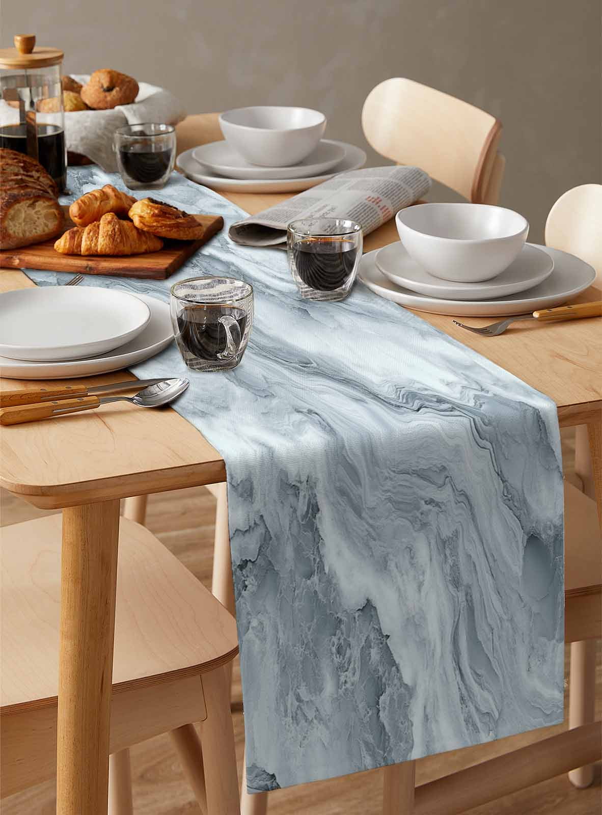 Table Runner Dresser Scarves 72 Inch Long,Abstract Gray Water Ripple Stripe Linen Dining Table Runners Natural Marble Texture Tabletop Scarf for Wedding Holiday Party Kitchen