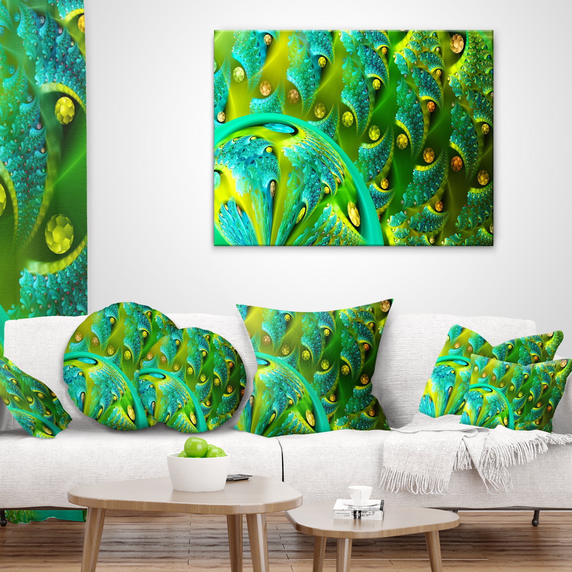 Designart Vibrant Green Fractal Flower Pattern - Abstract Throw Pillow - 16x16