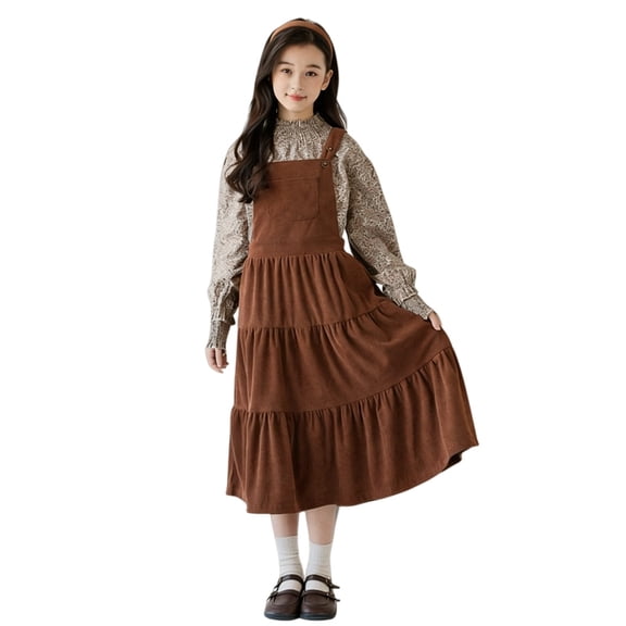 Coerni Girls Corduroy Elegant Dress Teen A Line Long Sleeve Vintage Princess Dress Spring Casual Solid Color Clothes Party Outfit