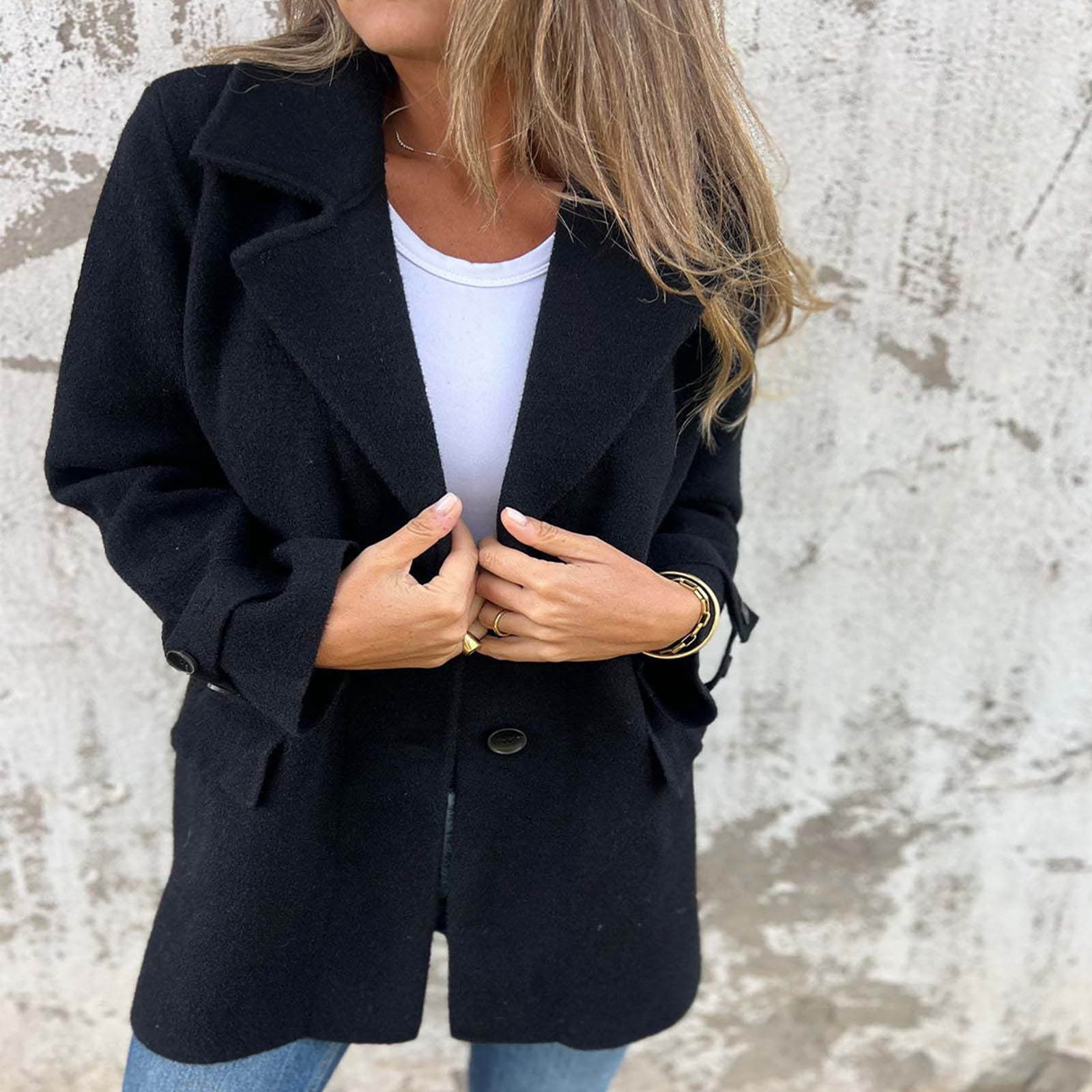 JGGSPWM Women's Wool Blend Coat Fall Lapel Single Breasted Mid Length Trench Jacket Open Front Solid Long Sleeve Peacoat Blazer Overcoat Black S