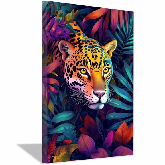 Mudket Framed Colorful Leopard Canvas Wall Art, Neon Jungle Animal Print Wall Decor, Trendy Wildcat Pictures Ready to Hang for Bedroom - 12"L x 8"W