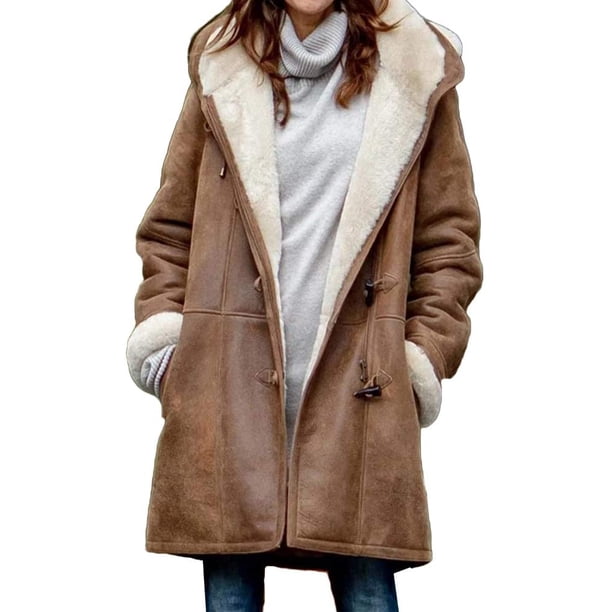 Xishao - Abrigos para mujer, manga larga, color sólido, con hebillas, frente abierto, peludo, forro polar sintético, chamarra larga para esquí de invierno Xishao ropa