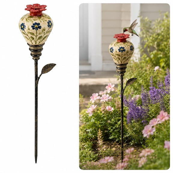 Vintage Ceramic Hummingbird Feeder Garden Stake, Blue Blossom Floral Feeder with Metal Stand for Flower Beds, Planters, Patios & Outdoor Displays