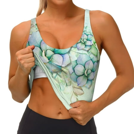 Qokaie Succulent Pattern Womens Scoop Neck Sports Bra Breathable Workout Vest Padded U Back Medium Impact Fitness Gym Yoga Bra Workout Crop Top
