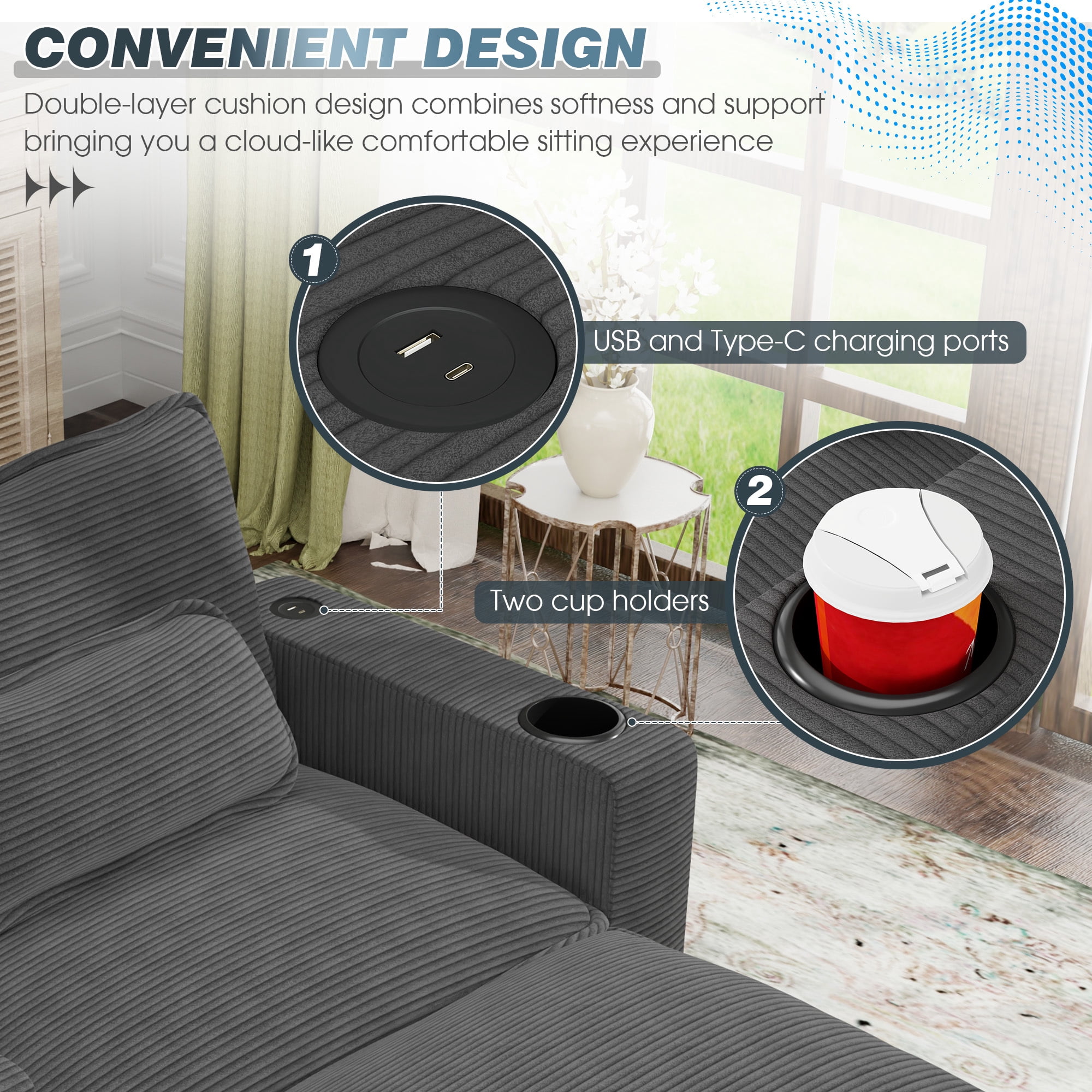 Lunale Oversized Lounge Chair & Ottoman Set - 45.5" Cloud Corduroy Accent Armchair with USB/Cup Holder for Modern Living/Bedroom, Dark Gray
