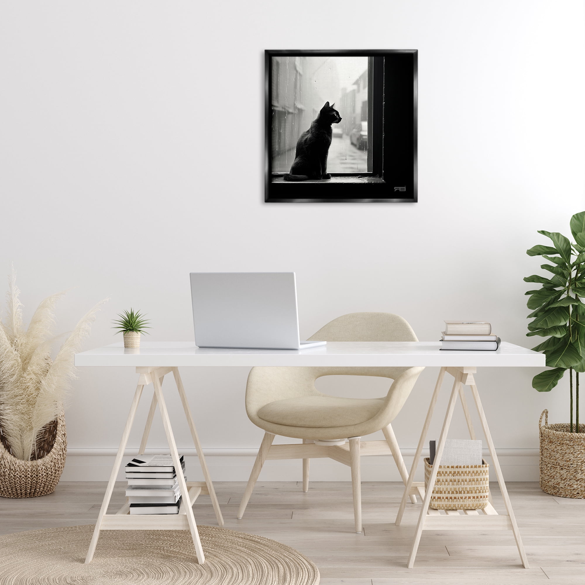 Stupell Industries Cat Gazing Rainy Window Animals & Insects Painting Black Floater Framed Canvas Art Print Wall Art, 25 x 25