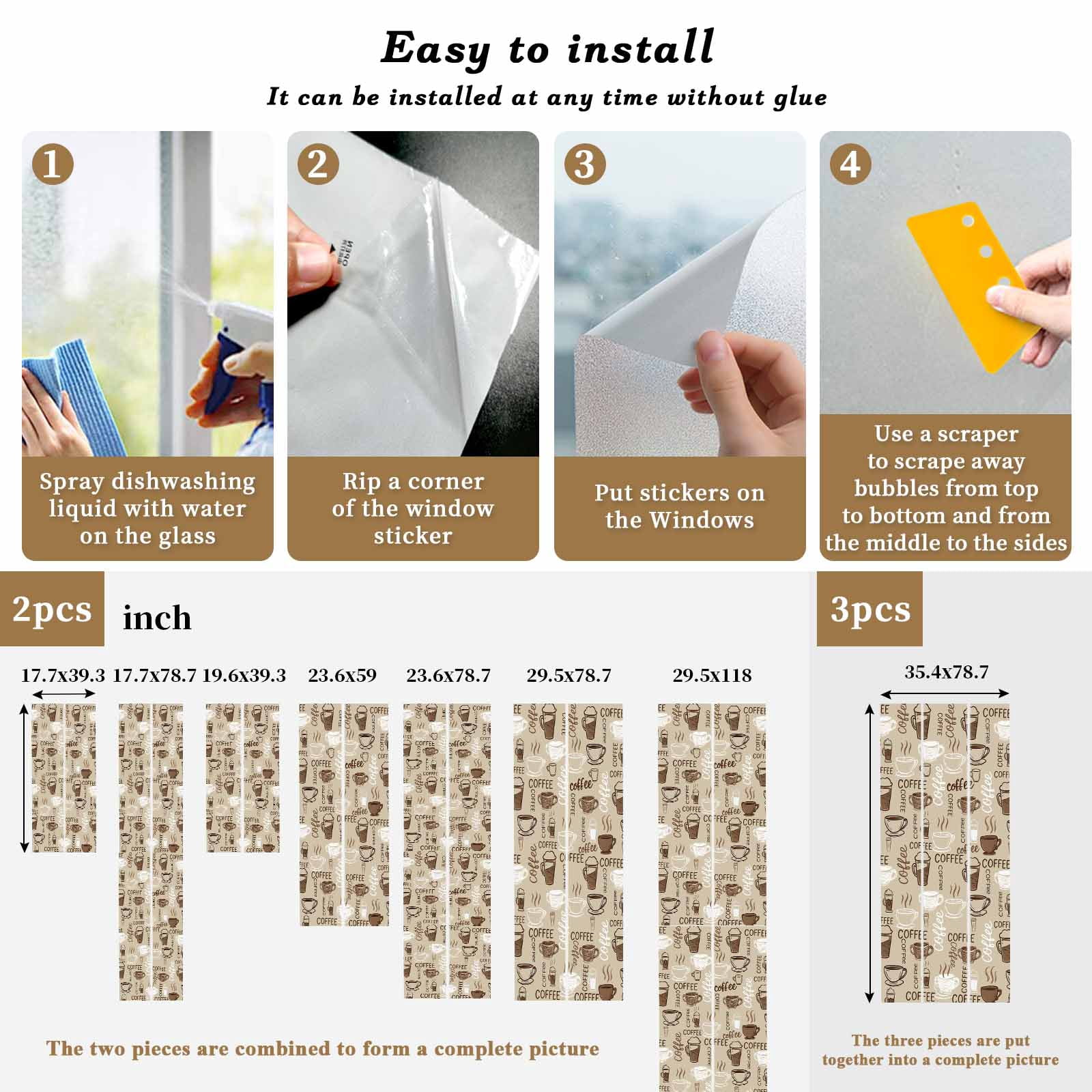 Coffee Window Privacy Film, Beige Farmhouse Retro Beans Latte Tea Cup Funny Static Cling UV Sun Blocking Heat Control Window Tint, Non-Adhesive One Way Windows Privacy Cover 35.4''x78.7''