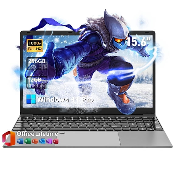 SANPTENT 15.6" FHD IPS Screen Laptop, 12GB RAM 256GB SSD, Intel Celeron Processor, Long battery life, 2 Stereo Speakers, Fingerprint, Backlit Keyboard