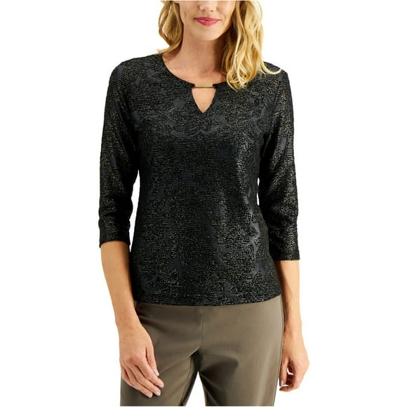 JM Collection Womens Textured Pullover Blouse, Black, Large