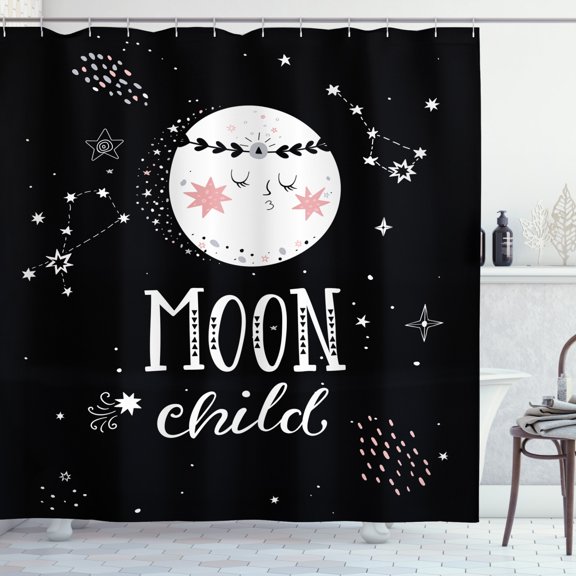 Ambesonne Space Shower Curtain, Cartoon Style Galaxy Concept, 69"Wx84"L, Pale Pink Black White