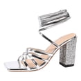 thumbnail image 5 of Rokment Womens Sparkly Metallic Block High Heels Mid Calf Strappy Dress Sandals for Bride Wedding Summer Fashion Casual Sexy Leather Open Square Toe Heeled Bridal Dressy Sandals Silver Size 7.5, 5 of 7