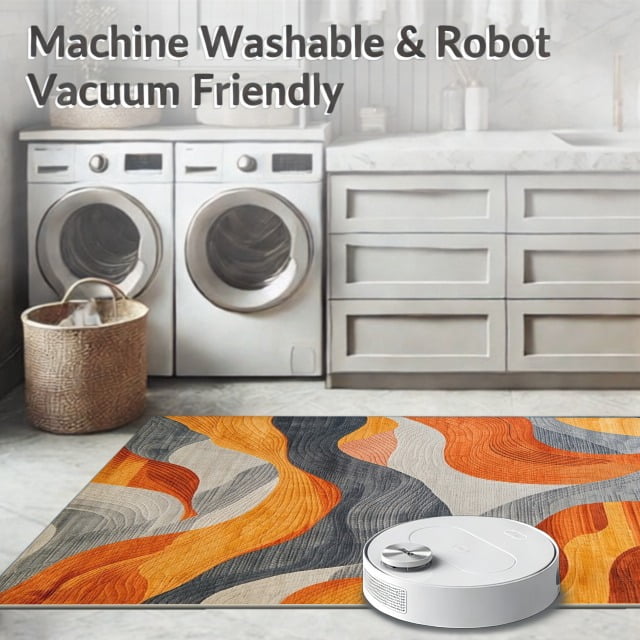 ODIKA 8'x10' Machine Washable Non-Slip Area Rug, Chic Abstract in Burnt Orange and Slate Grey Design High Traffic Rug, Orange, 104662