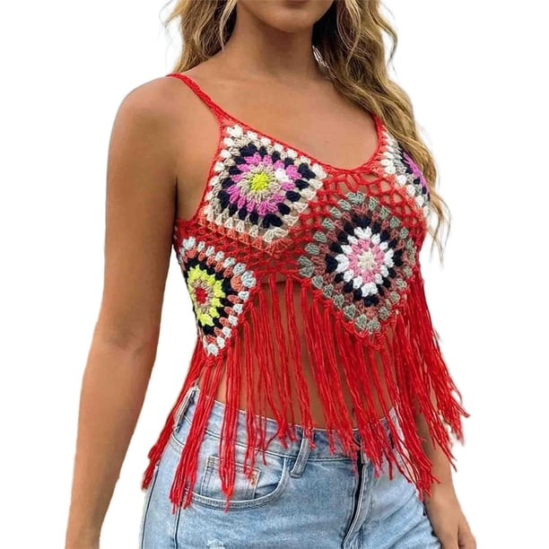 Mujeres de Verano Tops Casual Gancho de Mano Color Mixto Patchwork Strapless Borded Top para las Mujeres de Verano, Moda Casual Ligero