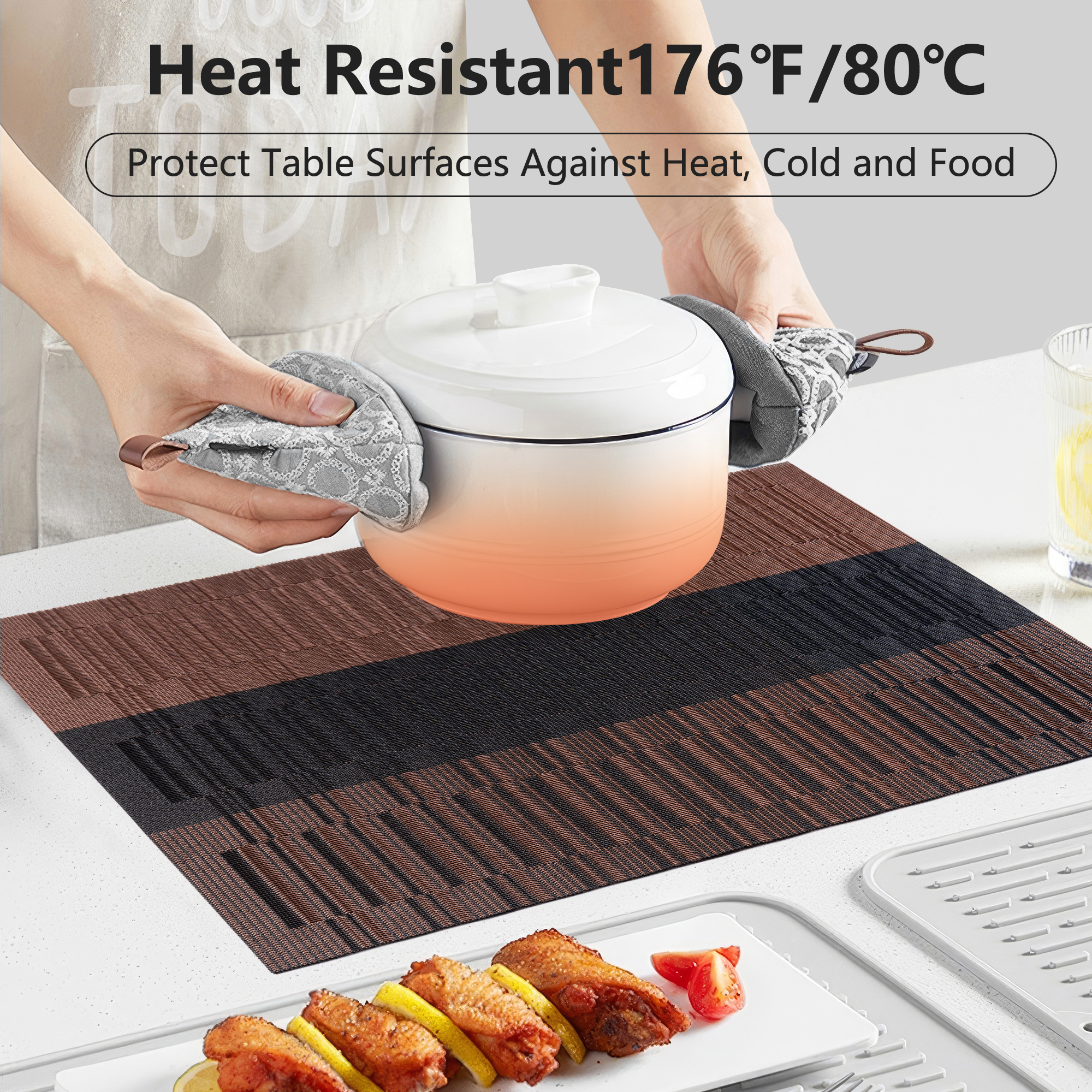 VCVCOO Set of 4 PVC Woven Placemats, Brown Stripe photo 6