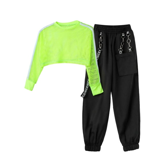 TiaoBug Kids Girls 2 Piece Hip Hop Street Dance Costume Outfits Fishnet Crop Top Cargo Pants Sport Outfits Fluorescent Green 8