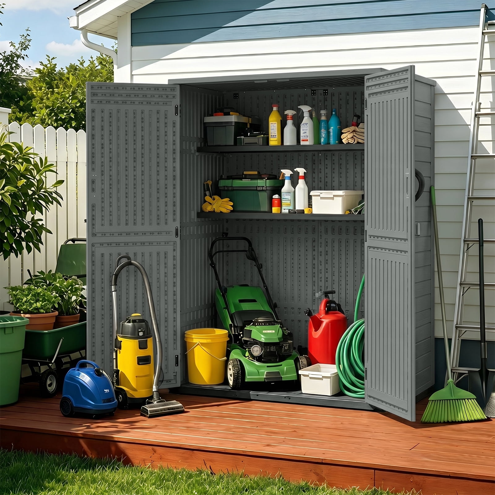 ZYJOYY 60 Cu.Ft Outdoor Resin Storage Shed with Floor & Double Doors, Lockable Waterproof All-Weather Garden Tool Shed for Patio & Backyard, Dark Gray