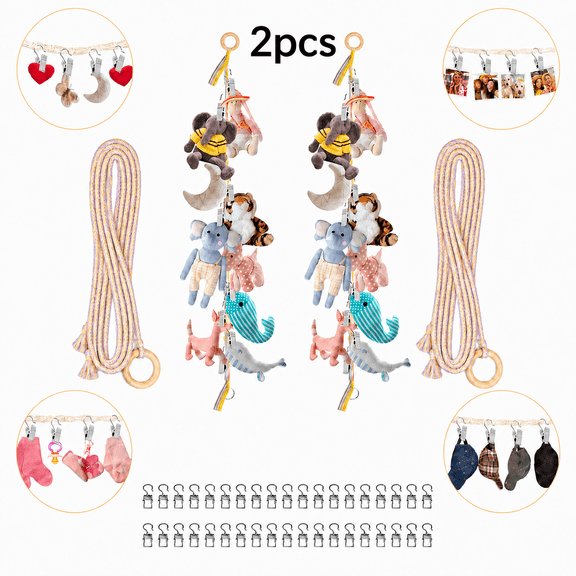 2Pcs Multicolor Cotton Hanging Storage Chain, 82 inch Woven Multi-purpose Cotton Hanging Chain with 40 Metal Clips,Wall Mount Stuffed Animal Display for Playroom Bedroom Indoor Wall Decor