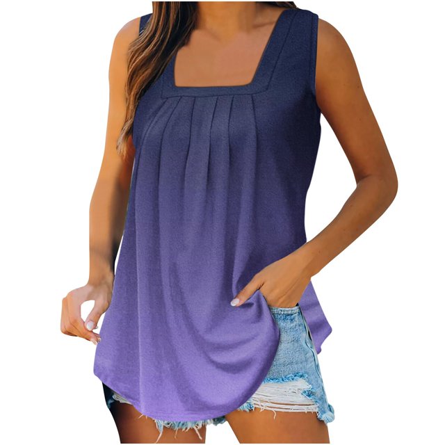 Women Tops 2023 Clearance-Sale Sleeveless Solid Color Top Tank Square Neck Basic Loose Fit Camis Casual Vacation Ruched Ladies Softy Party Going Out Tops Purple,M