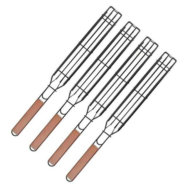 4 piezas cestas para asar brochetas para barbacoa mango de madera estantes prácticos herramientas jaulas para parrilla para mariscos Jumbo