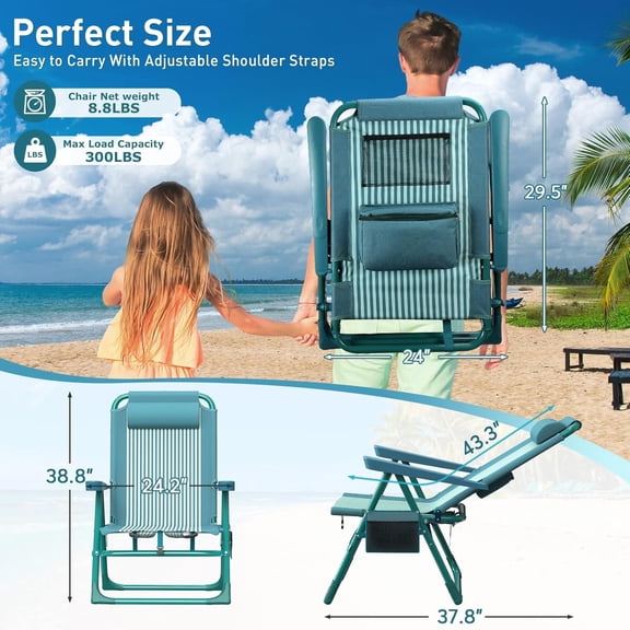 High Backpack Beach Chair - 6-Position Reclining Folding Chair with Cooler Bag & Cup Holder, Lightweight Portable Outdoor Camping Seat for Adults