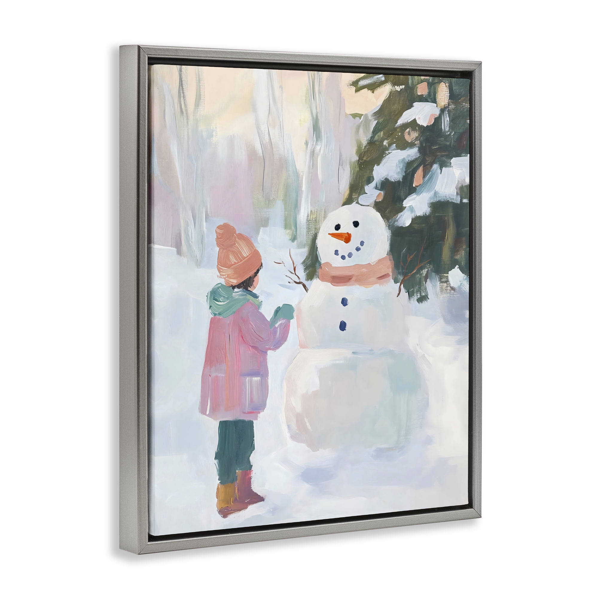 Stupell Industries Girl & Snowman in Winter Gray Framed Floater Canvas Wall Art, design by The Prints Vibe