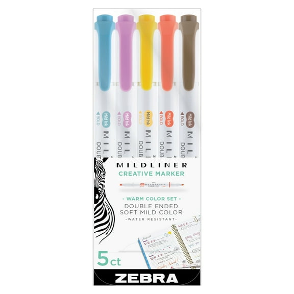 Zebra Pen Mildliner Double Ended Markers, Assorted Colors, Bold and Fine Point, 5 Count