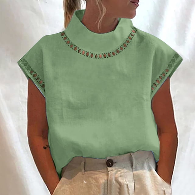 Mefallenssiah Womens Spring and Summer Solid Cut Out top Casual High Neck Linen Lace Breathable T-Shirt