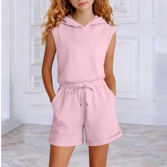Cethrio Girls Outfit Sets Sleeveless, Hooded School 2 Piece Kids Summer Clothing Sets Pink Size 8