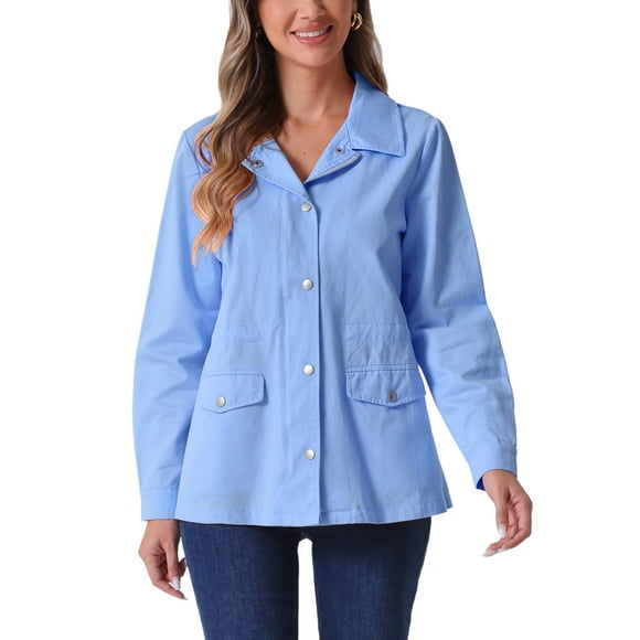 INSPIRE CHIC Women's Utility Jackets Drawstring Waist Flap Pocket Zip Button Jackets S Light Blue