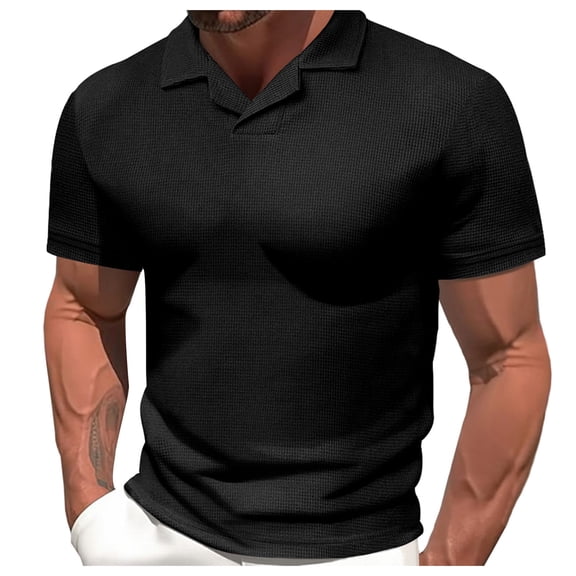 WREESH Men's Summer Casual Collared Shirt Solid Comfortable Short Sleeve V-Neck Muscle T-Shirt in Polyester for Men's Daily Wear Black