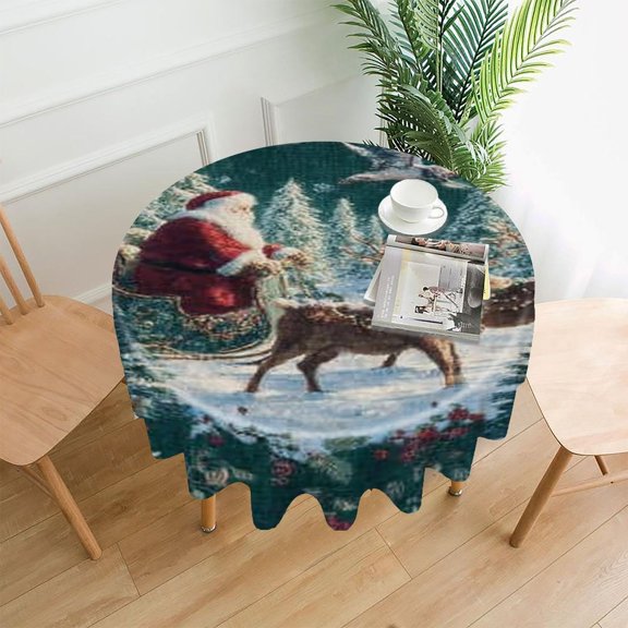 RKSupls 60 Inch Round Tablecloth, Santa Reindeer Forest Premium Polyester Straight Edge Wrinkle Resistant Washable Table Cover for Party Home Dining Decor