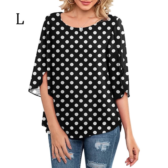Qarigey Camisa de mujer Estampado de media manga Top Camisa de mujer Estampado de medio cuello Blusa informal Prendas para la parte del cuerpo puntos blancos negros L