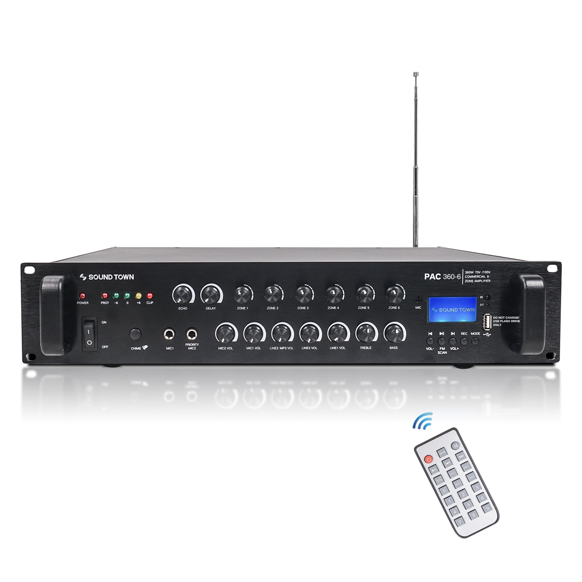 Sound Town Commercial Restaurant Bluetooth Amplifier + Surface-Mount Speaker Set, with One 6-Zone 70V/100V Amplifier with Bluetooth, 12 x 6.5-Inch Surface-Mount Speakers, White (PAC360X12TV6W)