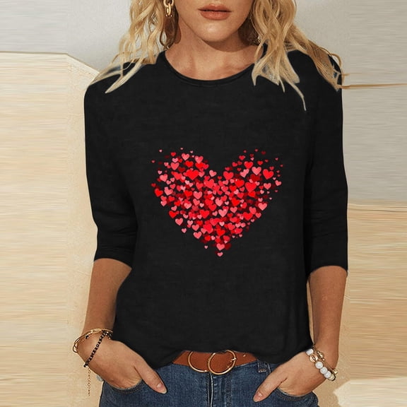 YMNXA Women'S Valentine’S Day T Shirt 3/4 Sleeve Round Neck Love Heart Print Soft Comfortable Fashion Tee For Daily Wear Black L