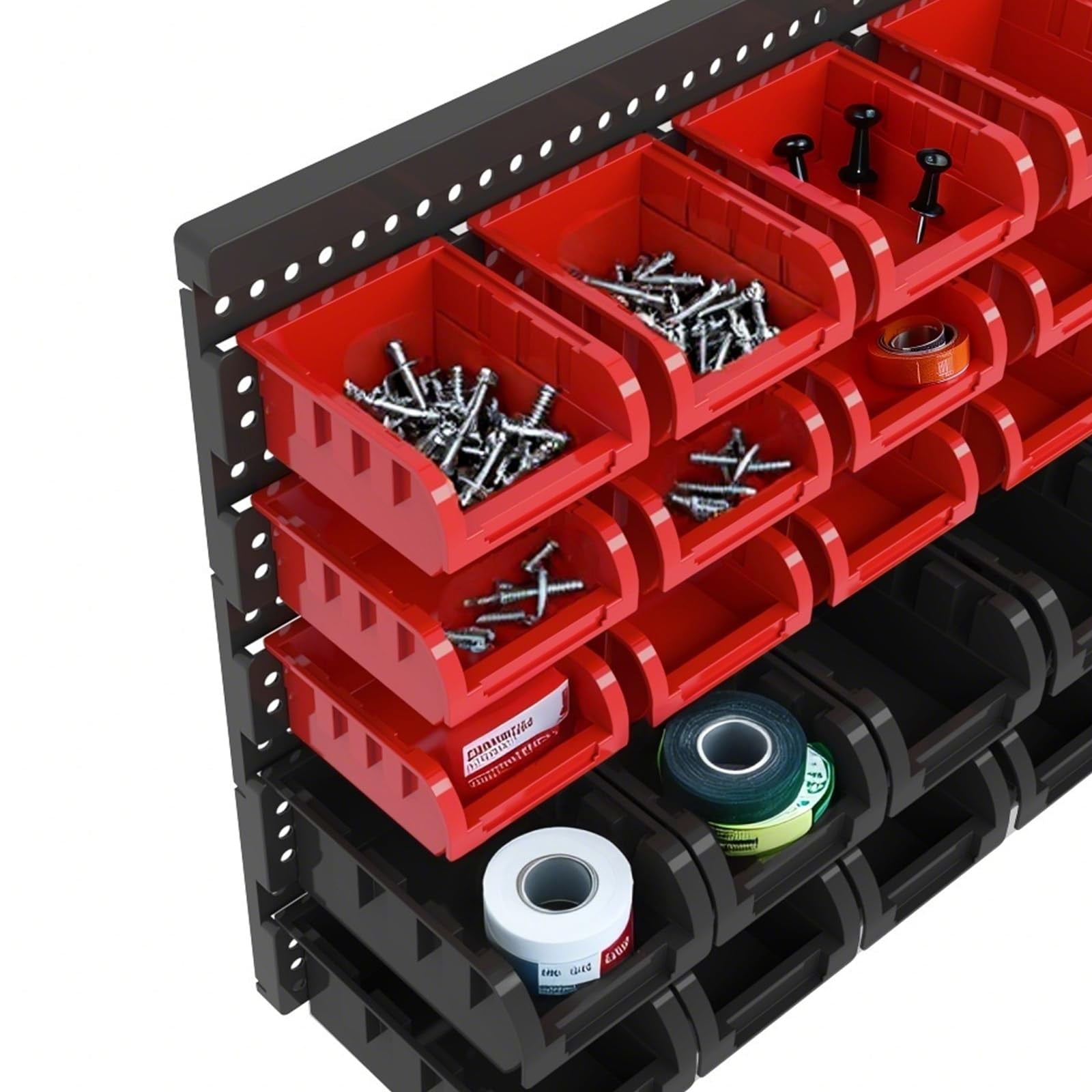 Wall Mounted Storage Bins Organizer Set, 30PCS Plastic Nut & Bolt Organizer with Pegboard, Screw Storage Bins for Garage, Workshop, Craft & Hardware Organization (Red & Black, Small)