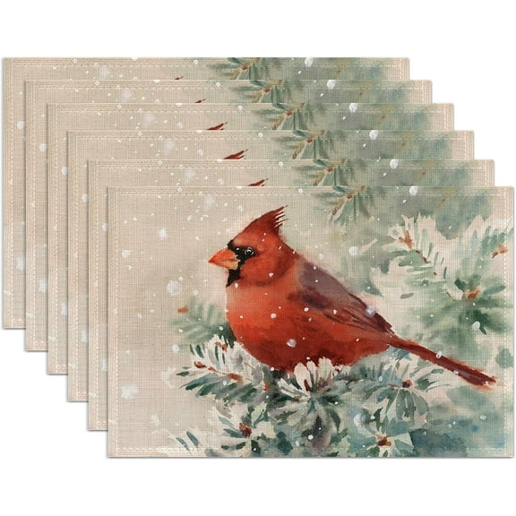 Bird Placemats Set of 6, Cardinal Place Mats Washable Heat Resistant 12×18 Inch Linen Table Mats for Christmas Party Outdoor Dining Décor