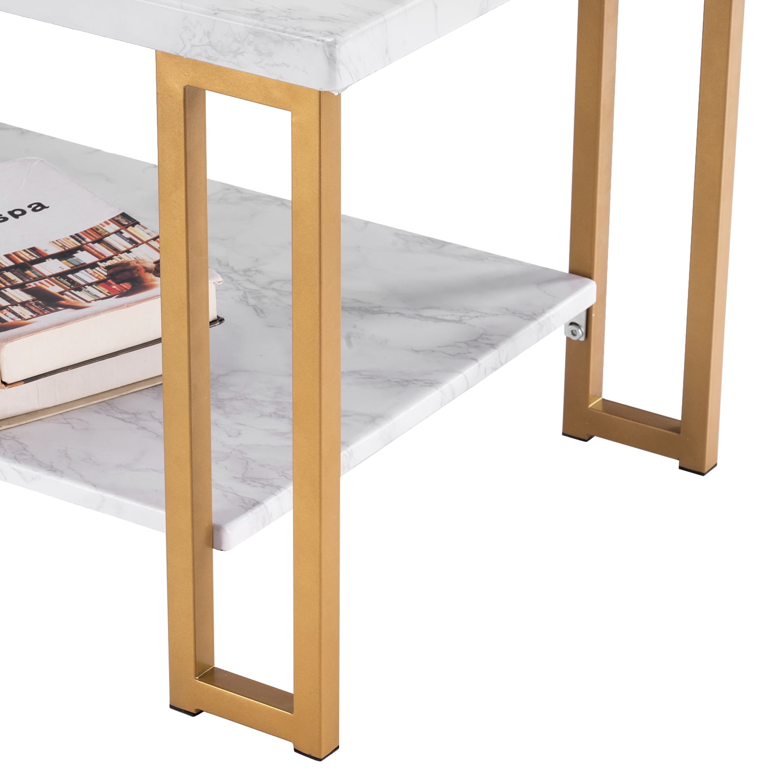 Double-Layer Coffee Table, Faux Marble PVC Tabletop with Metal Frame, Rectangular Side Table, 110 lbs Capacity for Living Room Home Decor