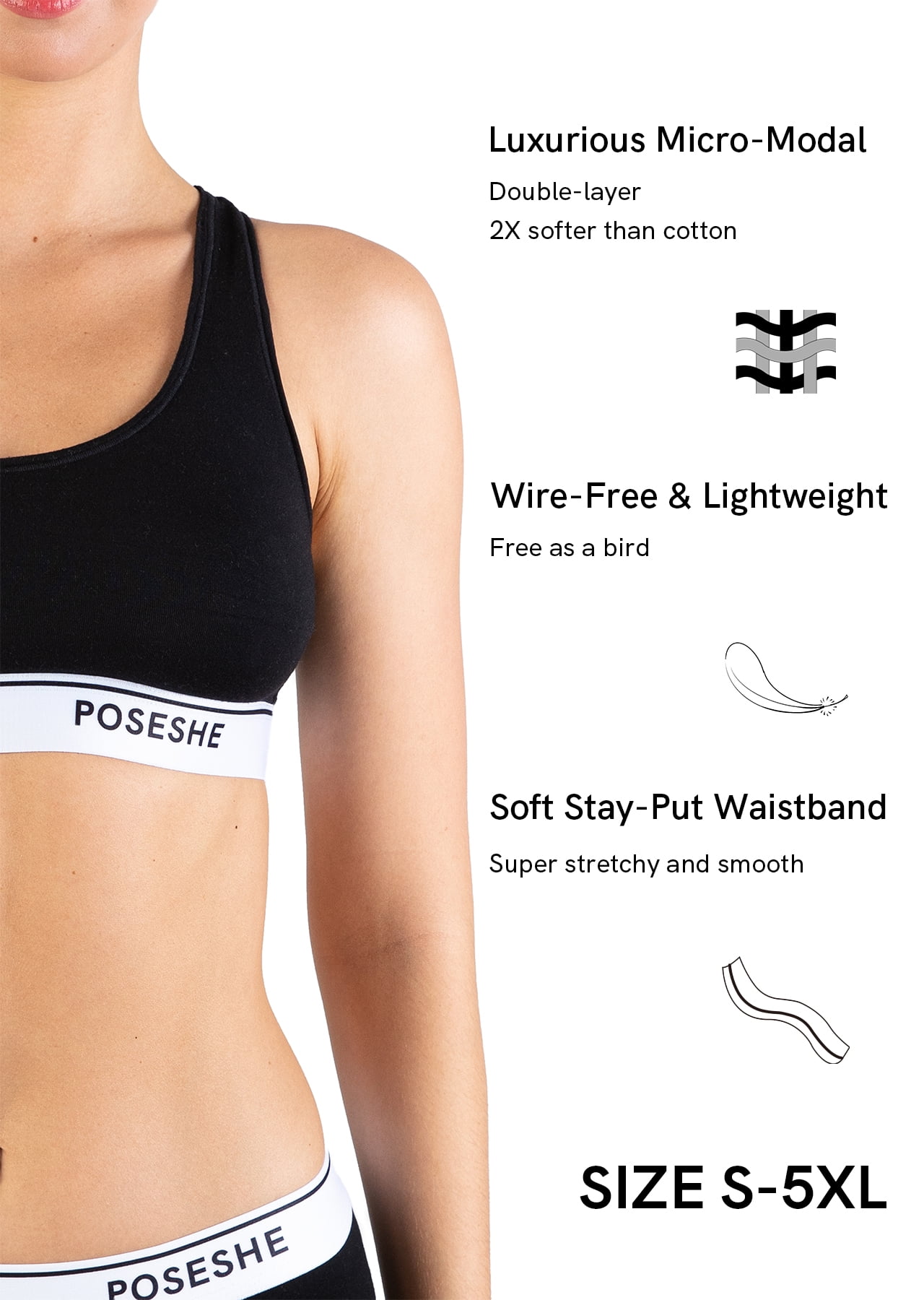 POSESHE Women's MicroModal Bralettes, S-5XL Plus Size Bra, 3 Pack
