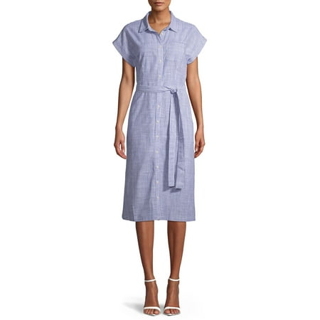 Time and Tru Women's Striped Belted Midi Shirt Dress