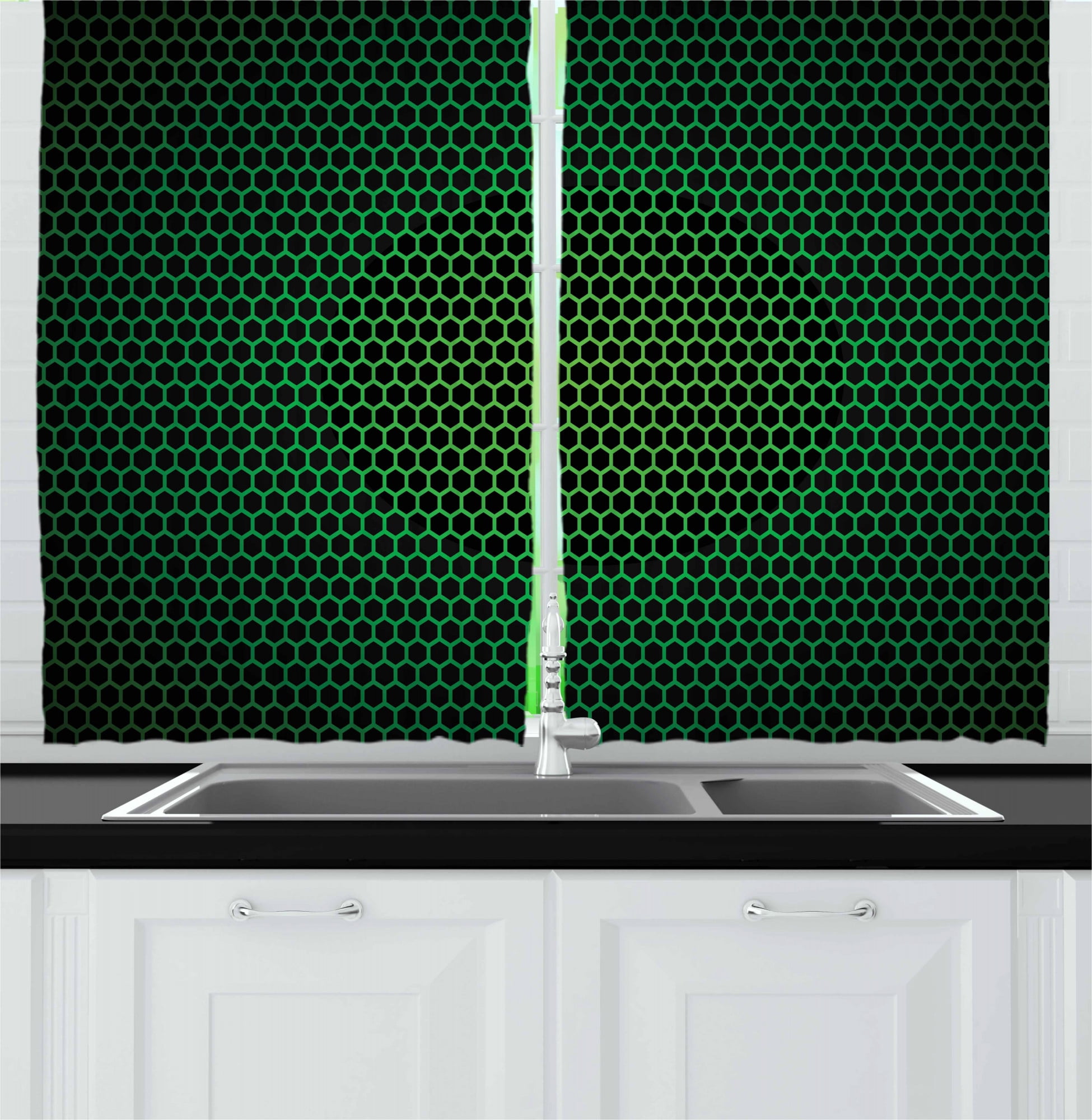 Forest Green Kitchen Curtains, Geometrical Pattern with