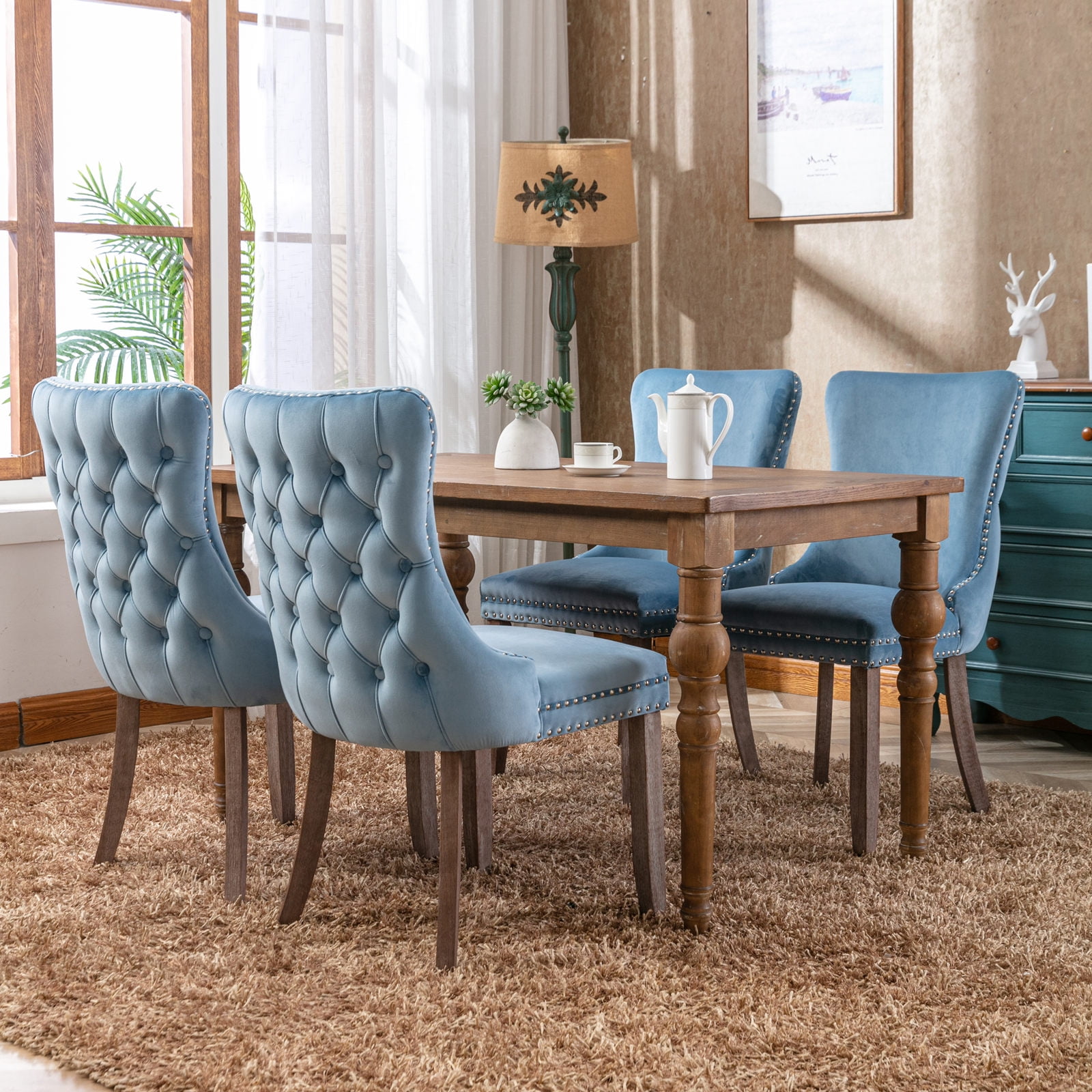 Resenkos Set of 2 Modern Dining Chairs Upholstered Accent Chair, Mid Century Armless Leisure Chair with Wood Legs, Light Blue