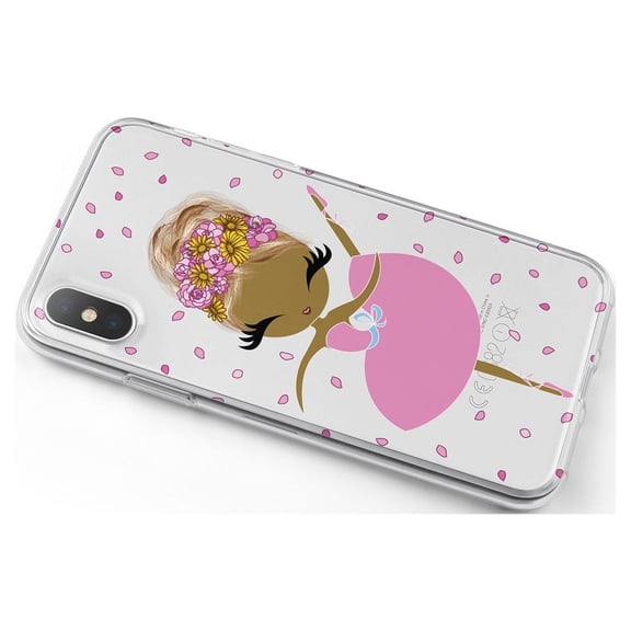 DistinctInk Clear Shockproof Hybrid Case for iPhone X / XS (5.8" Screen) - TPU Bumper, Acrylic Back, Tempered Glass Screen Protector - Ballerina Dancing in Flower Petals