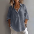 thumbnail image 2 of hoksml Women's Cotton Linen V Neck Blouse, Roll-Up Sleeve Henley Casual Shirt, Loose Fit Top for Daily and Office Wear, 2 of 9