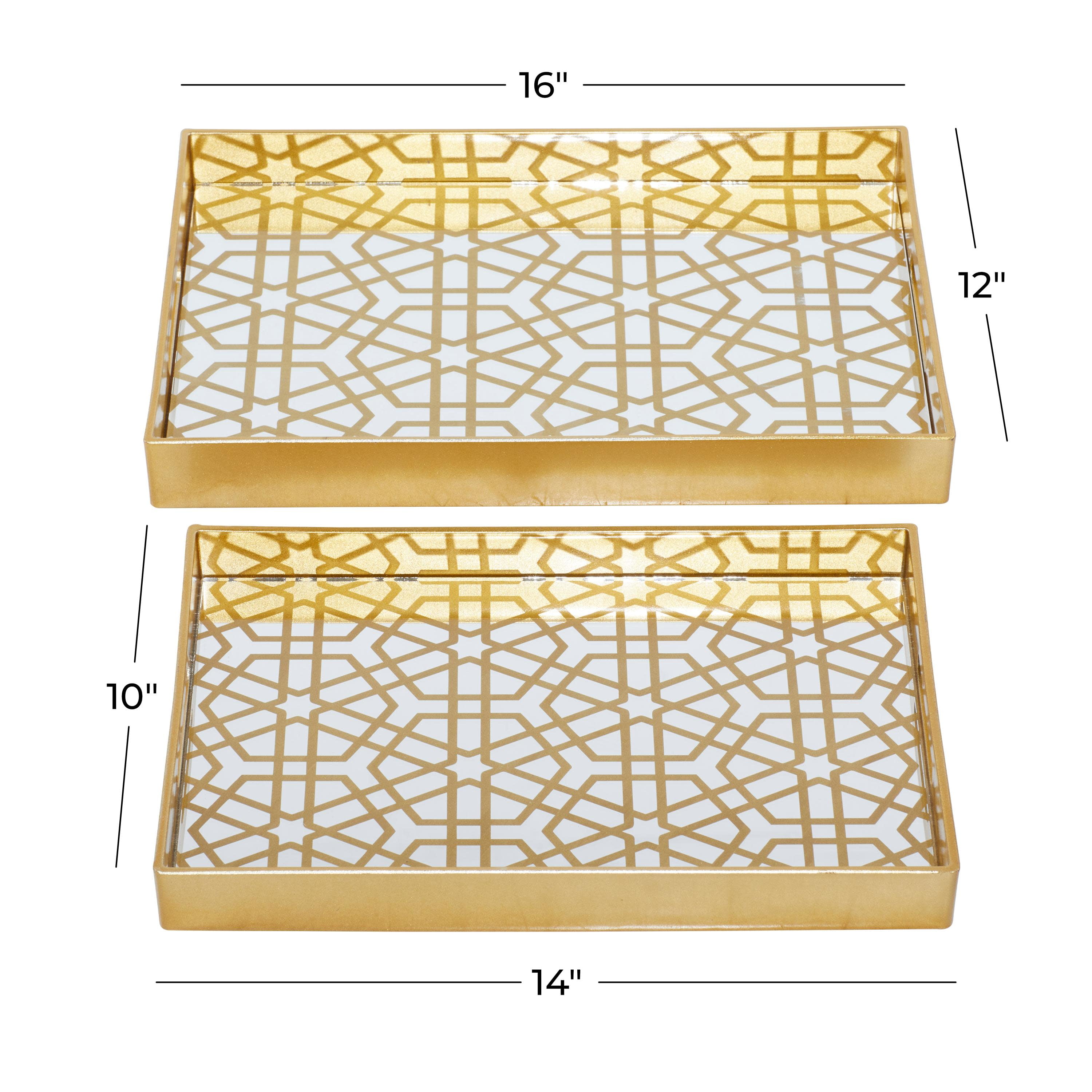CosmoLiving by Cosmopolitan 14", 16"W Gold Plastic Mirrored Geometric Tray, 2-Pieces