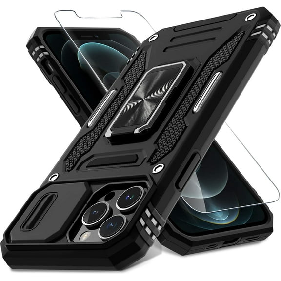 for iPhone 12 Pro Max Case with Slide Camera Cover Screen Protector(1 Pack),Rotated Ring Kickstand Military Grade Shockproof Protective Cover 6.7 Inch-Black